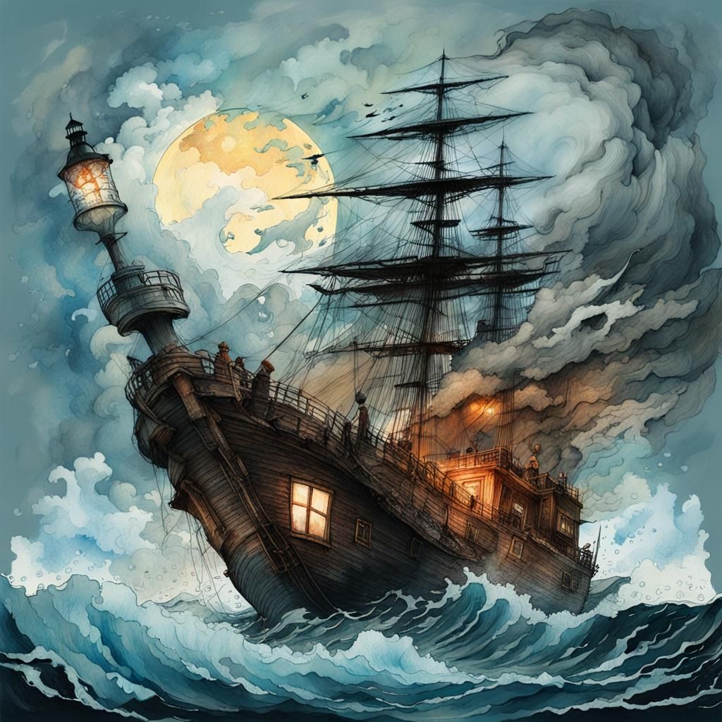 Wooden Ship in Storm: Watercolour Fantasy Illustration