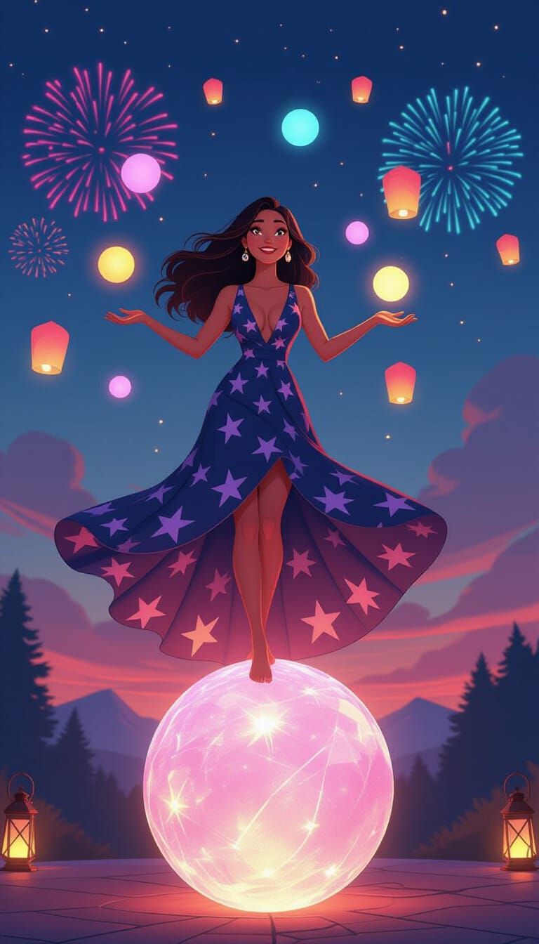 Woman Juggling Orbs on Crystal Ball, Pixar Style