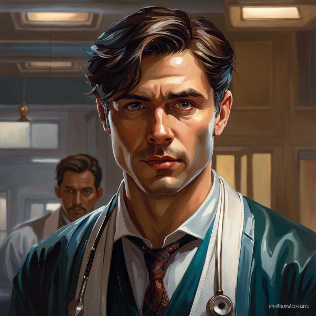 Handsome Young Doctor Portrait in Watercolor Style