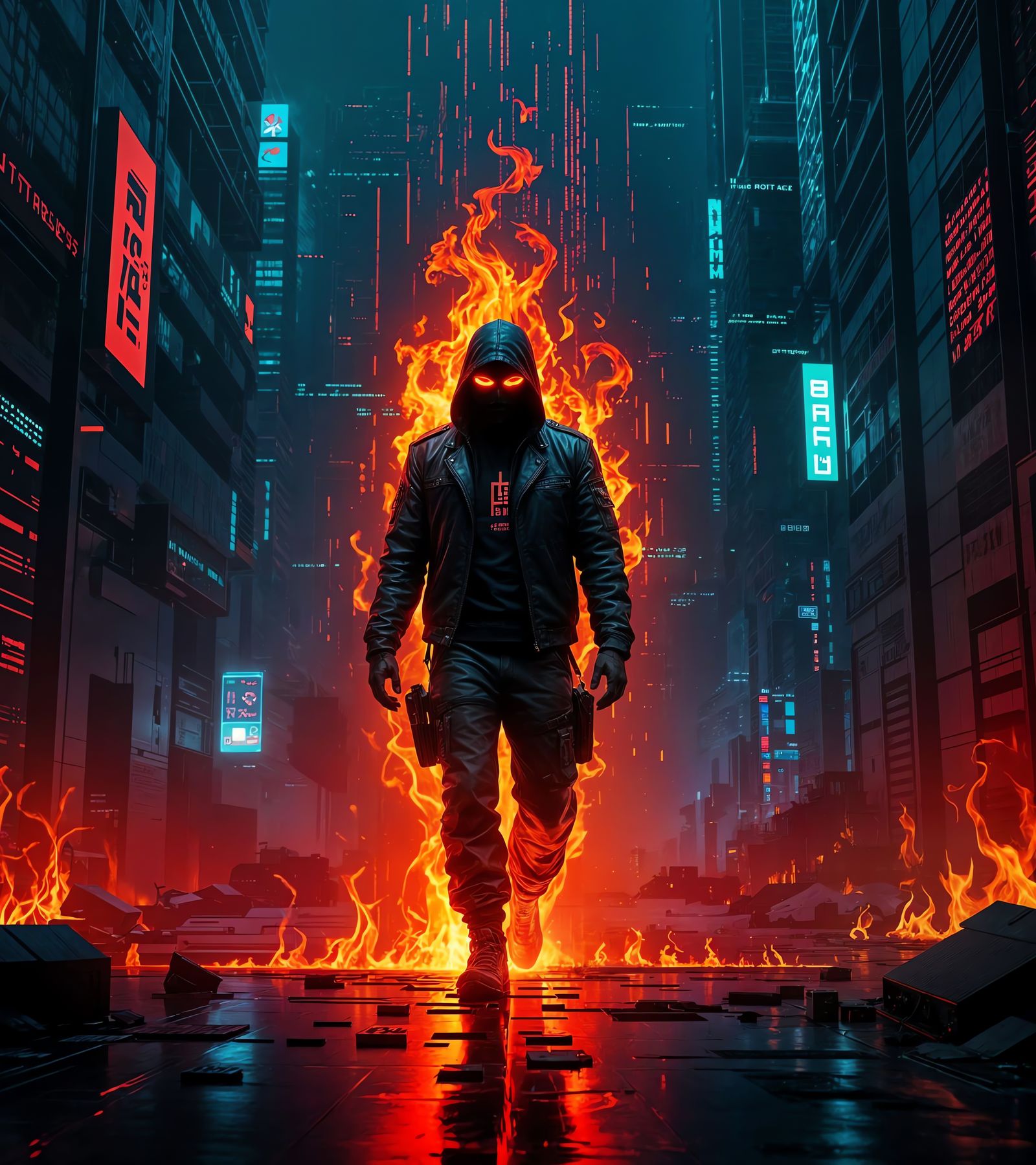 Cyberpunk Hacker Engulfed in Flames: Digital Matte Painting