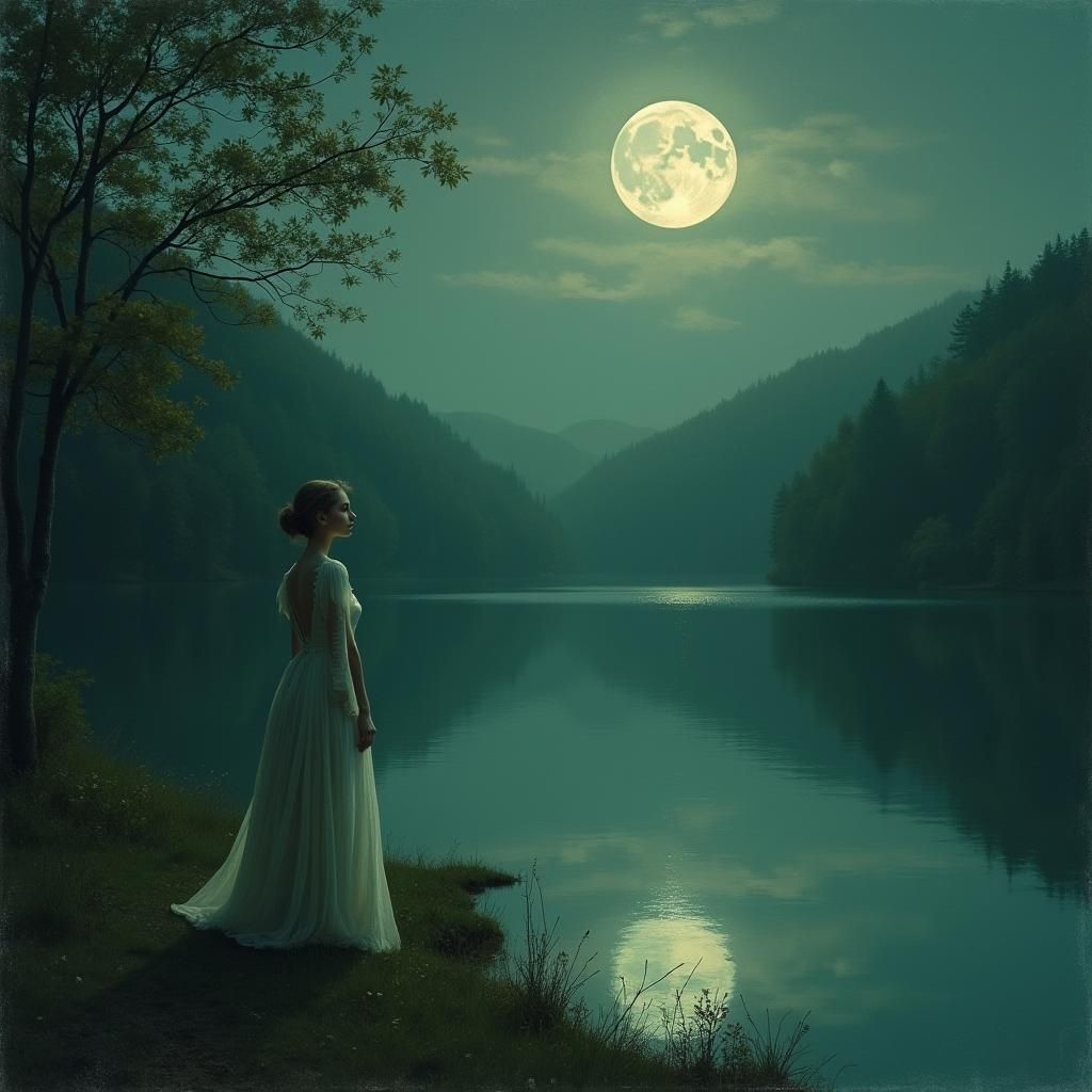 Contemplative Figure by Moonlit Lake in Romantic Style