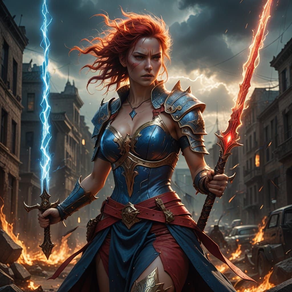 Warrior Goddess with Flaming and Lightning Swords