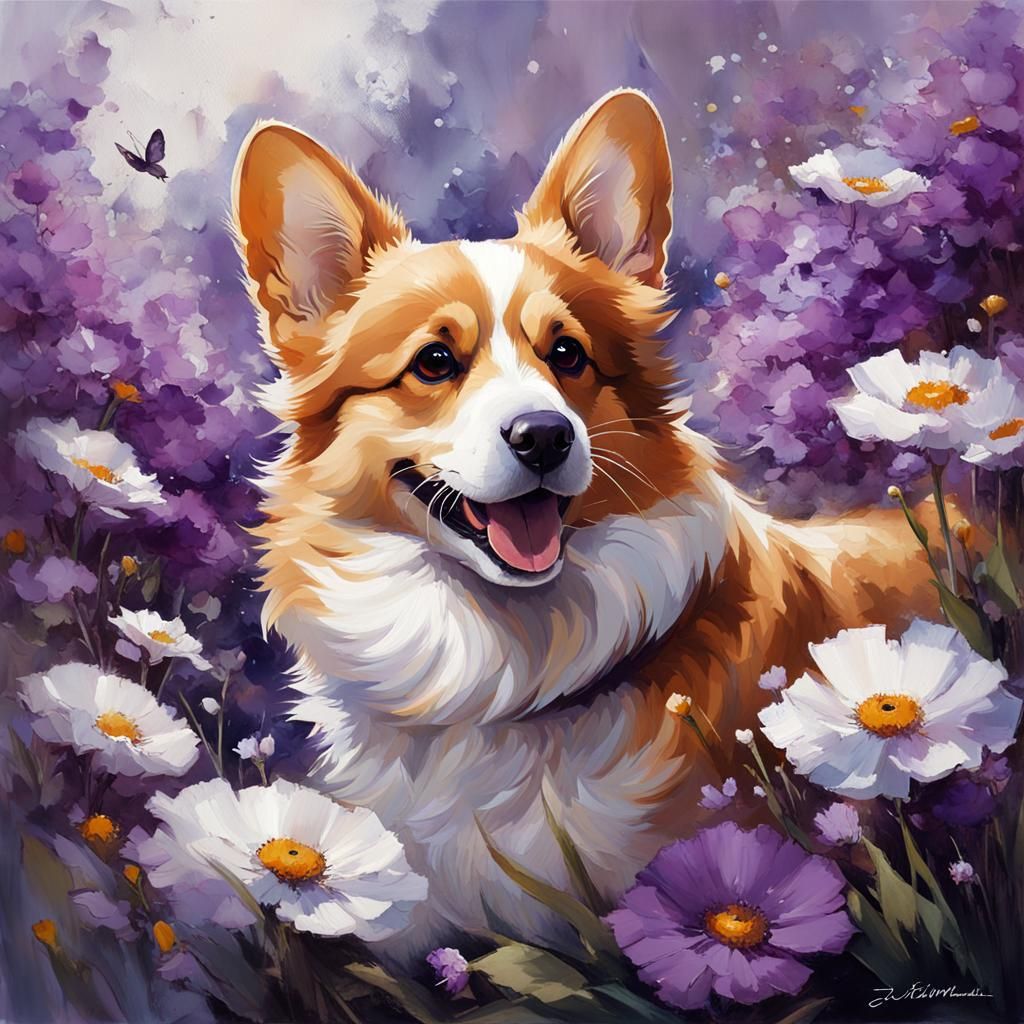 Smiling Corgi in Floral Setting: Oil Painting Style