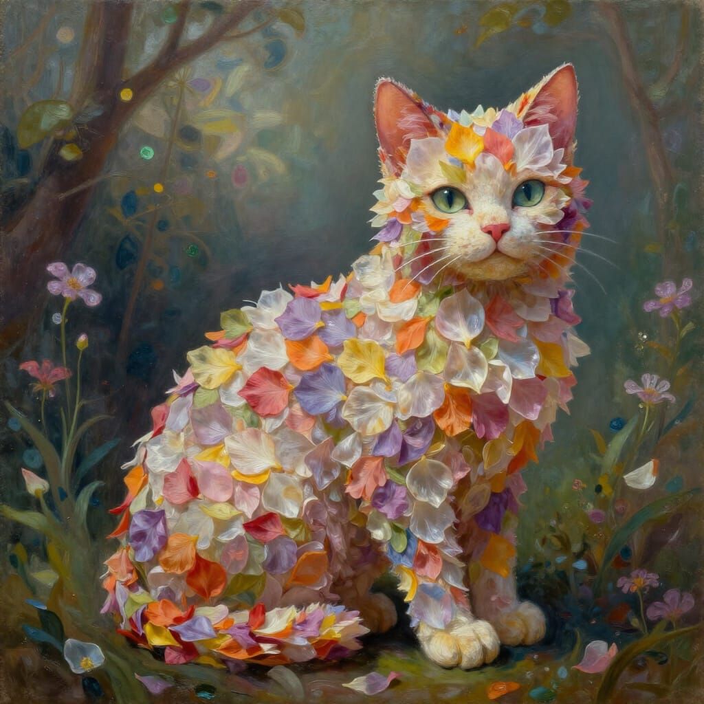 Whimsical Flower Petal Cat in Surrealist Oil Painting Style