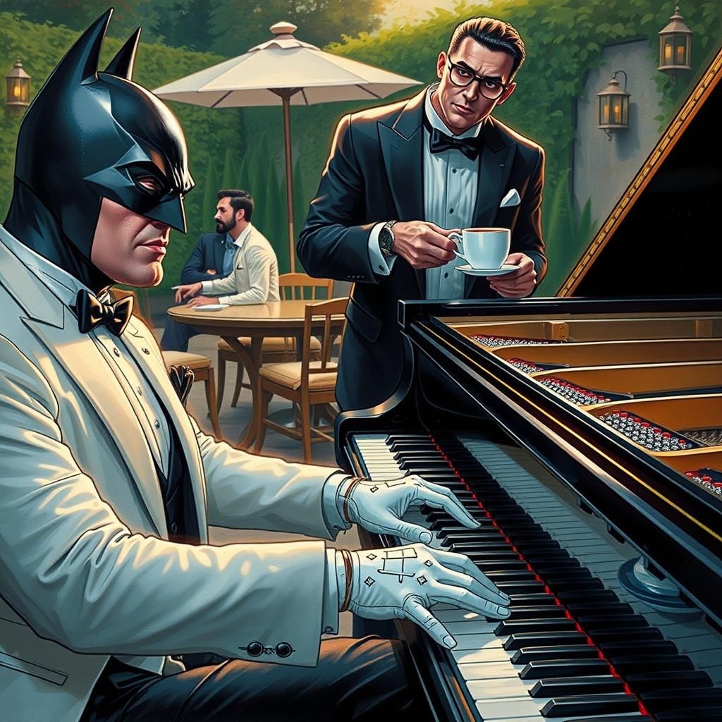 Batman Plays Piano in Garden, Dramatic Lighting