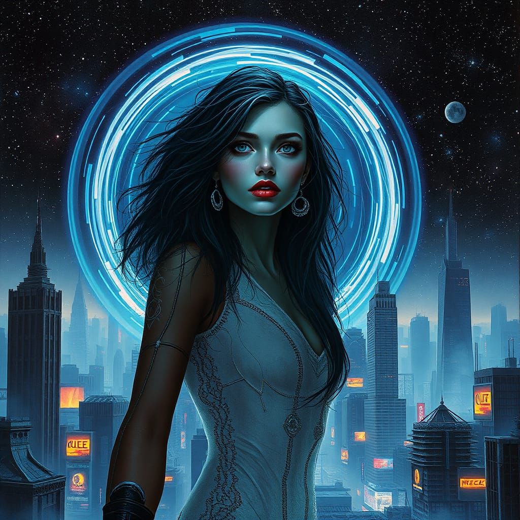 Cyberpunk Woman in Dystopian Cityscape, Digital Art