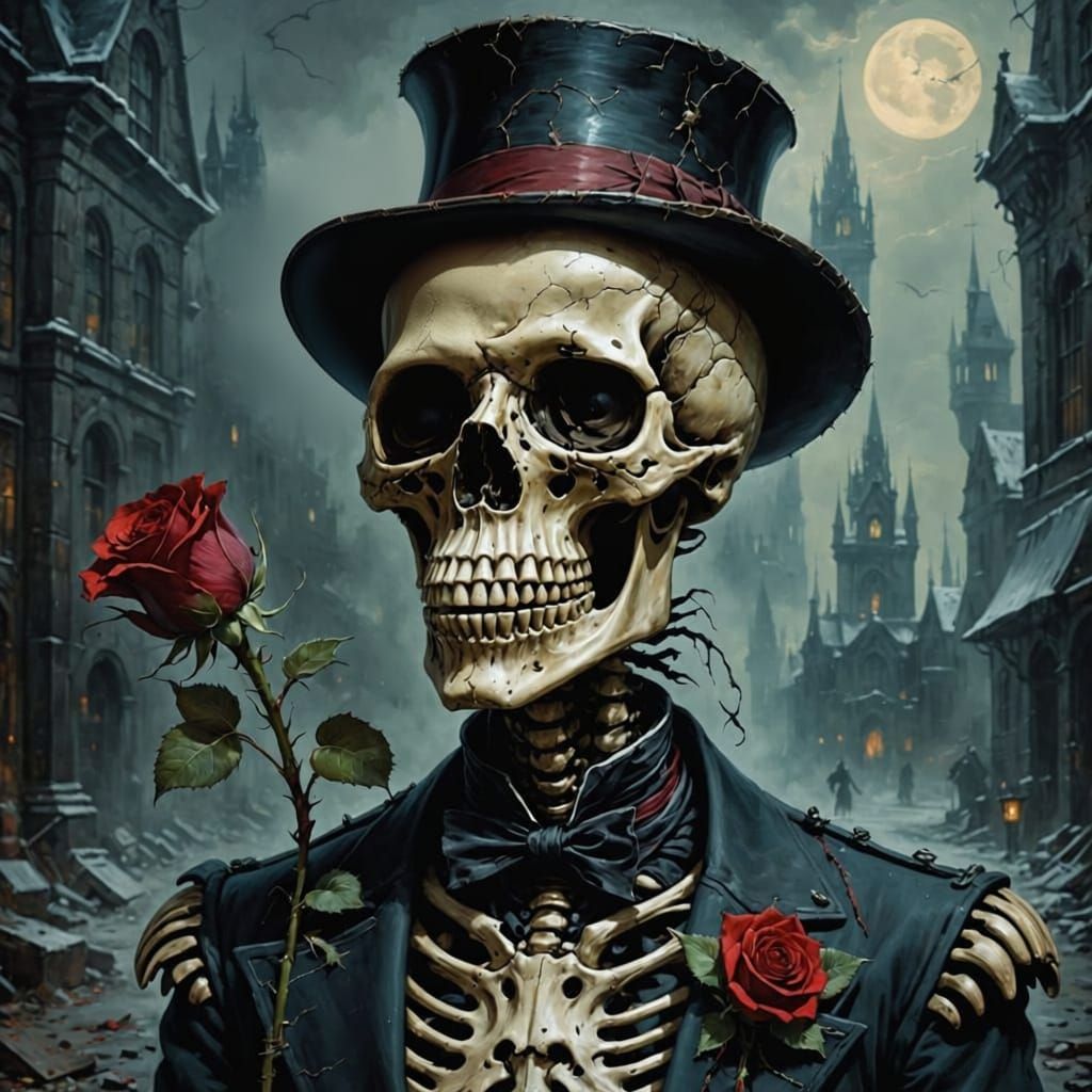Horrorpunk Skeleton with Noir Rose in Psychedelic Fantasy