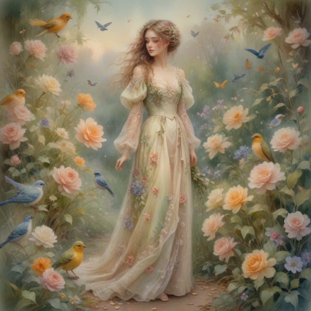 Woman in Victorian Gown with Flowing Hair