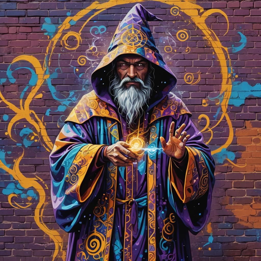 Wizard Spray Painting Magical Symbols in Street Art