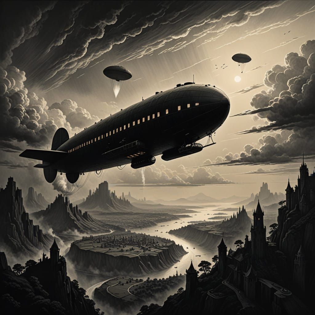 Flying Zeppelins in Futuristic Twilight