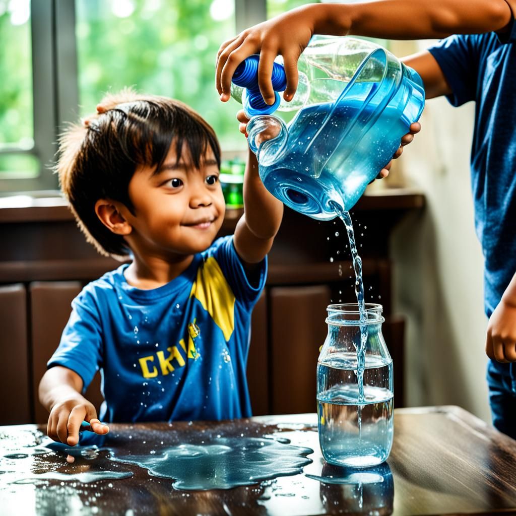 Child Pouring Water From Glass Bottle