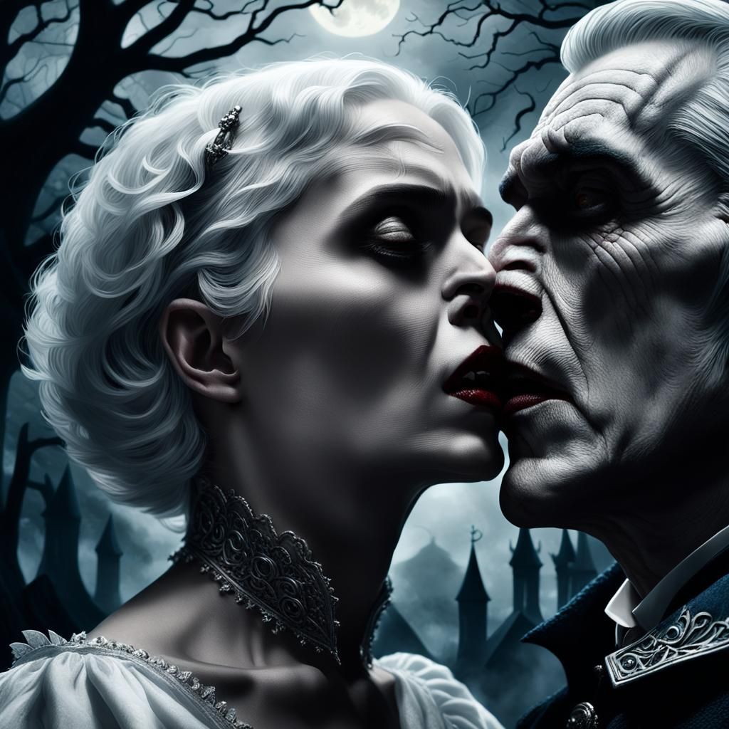 Woman Kisses Dracula in Dark Fantasy Style