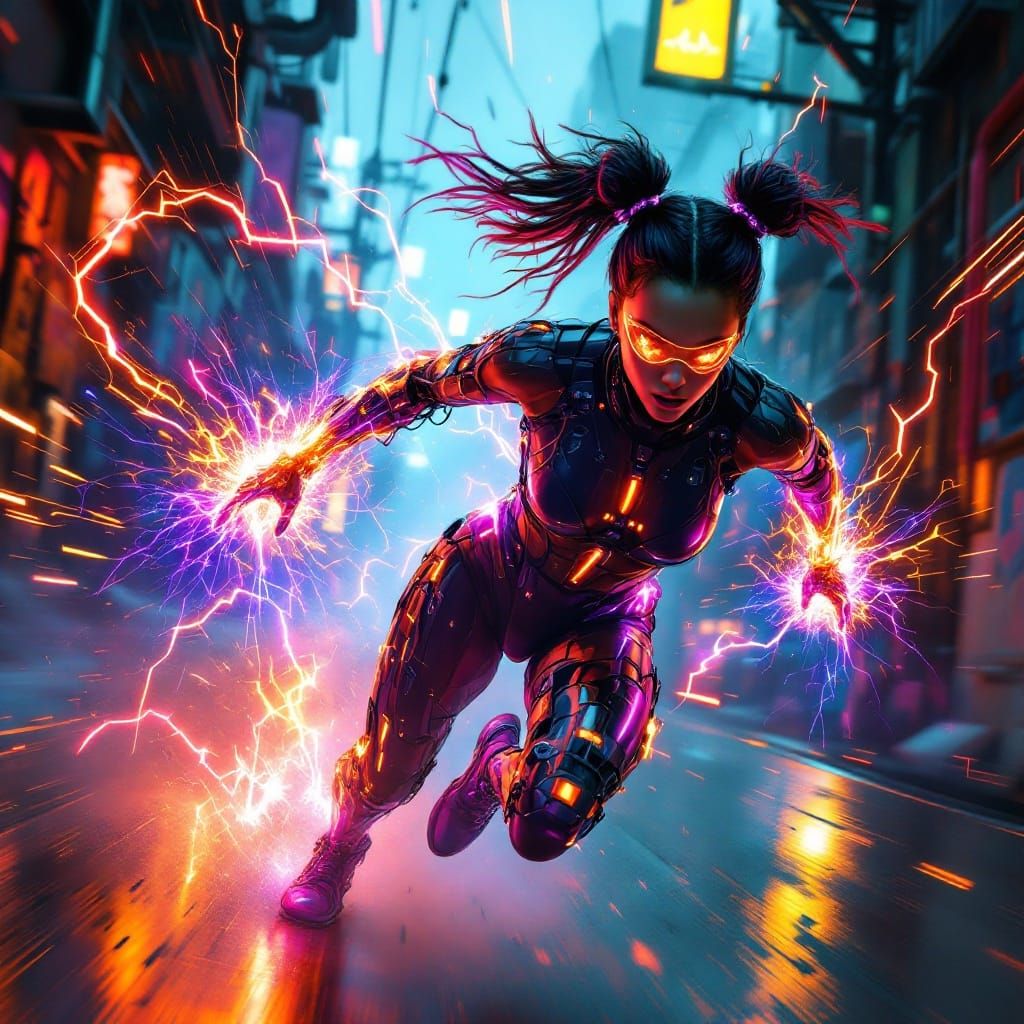 Cyberpunk Street Runner in Exosuit