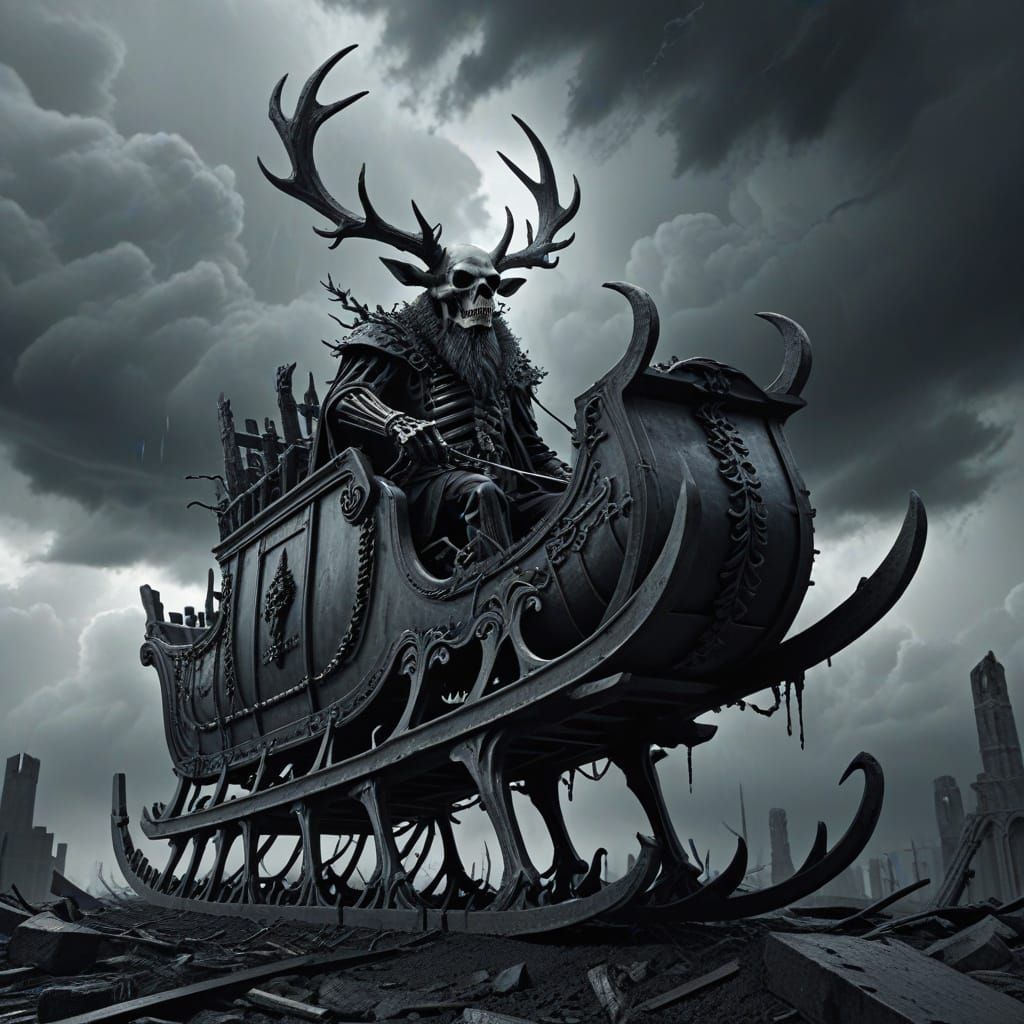 Skeletal Santa Sleigh in Grim Brutalist Art Style