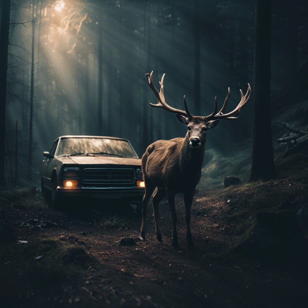 Dramatic Deer Accident in Dark Forest: Cinematic Still
