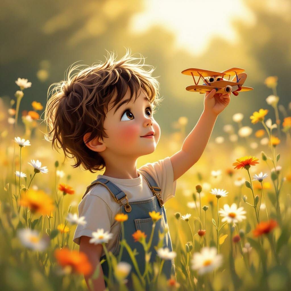 Young Boy Reaching for Sky in Wildflower Meadow