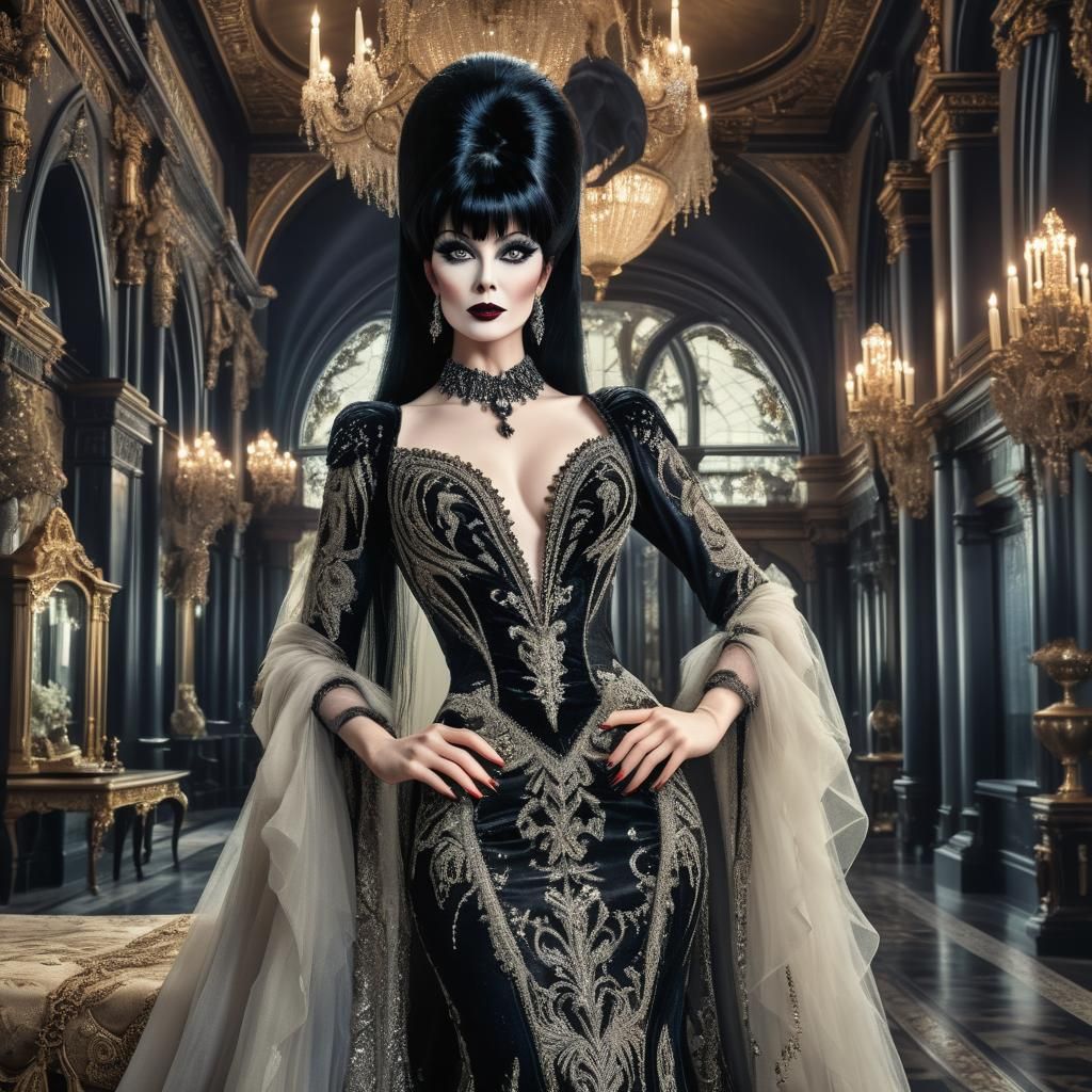 Elvira in Couture Gown: Hyperrealistic Gothic Elegance