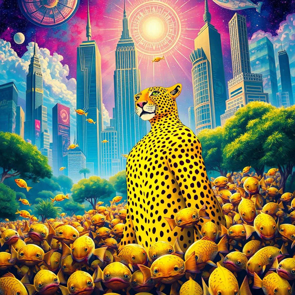 Celestial Cityscape with Yellow Leopard Man, Surreal Art