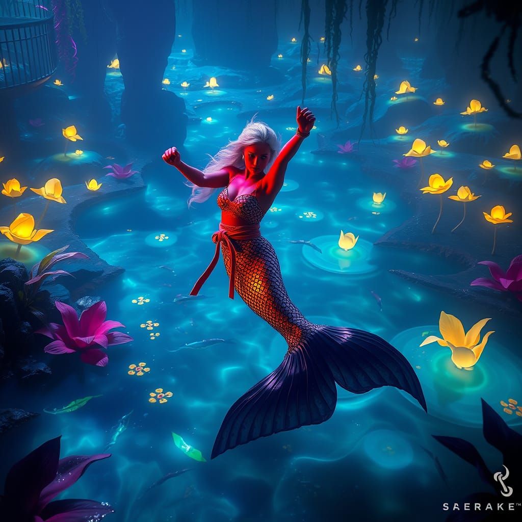 Mermaid Karate Master in Bioluminescent Lagoon