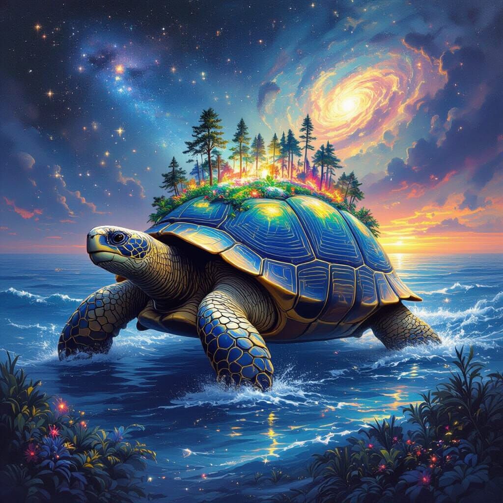 Giant Tortoise with Bioluminescent Forest, Oil Painting