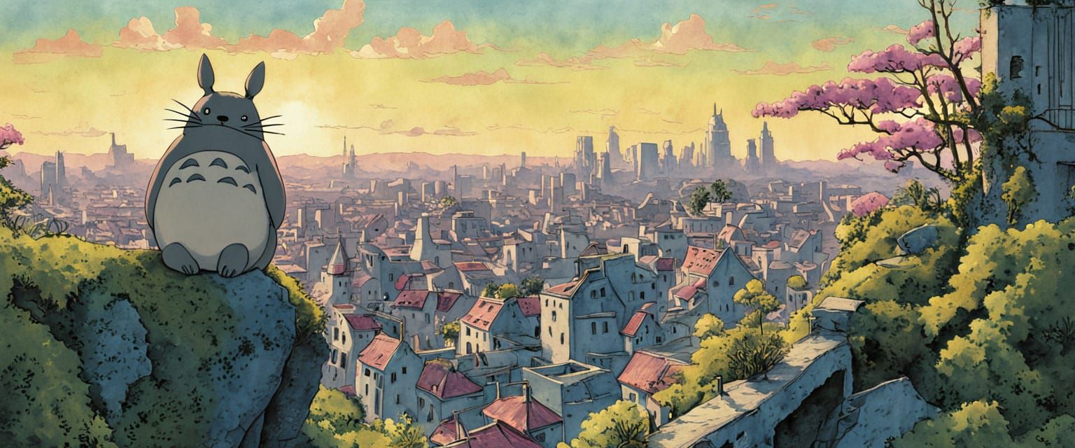Totoro Overlooks City Ruins in Watercolor Comic Style