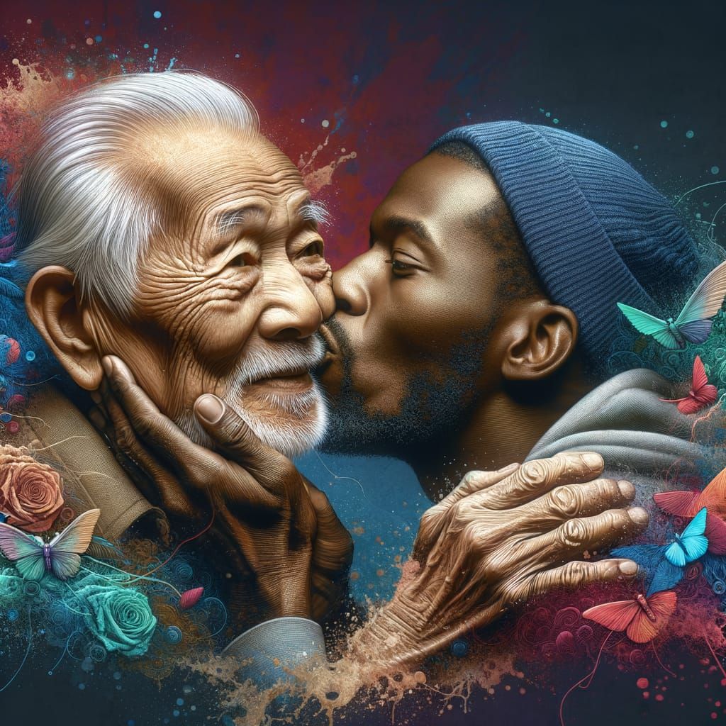 Elderly Man Tenderly Kisses Friend Goodnight