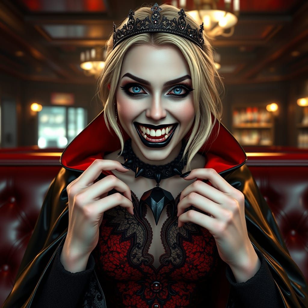 Elegant Vampire Goddess with Black Lips and Sharp Fangs
