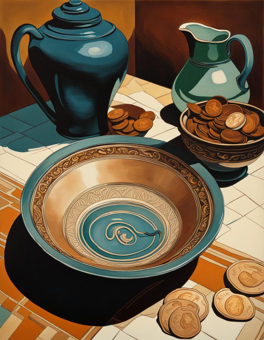 Art Deco Still Life with Bowl, Jug, and Coins