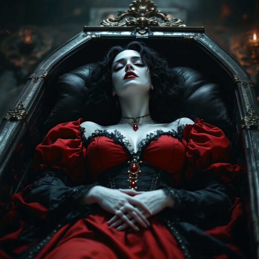 Ethereal Vampiress Slumbering in Ornate Tomb
