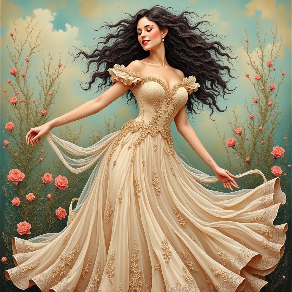 Woman in Flowing Dress: Art Nouveau Style