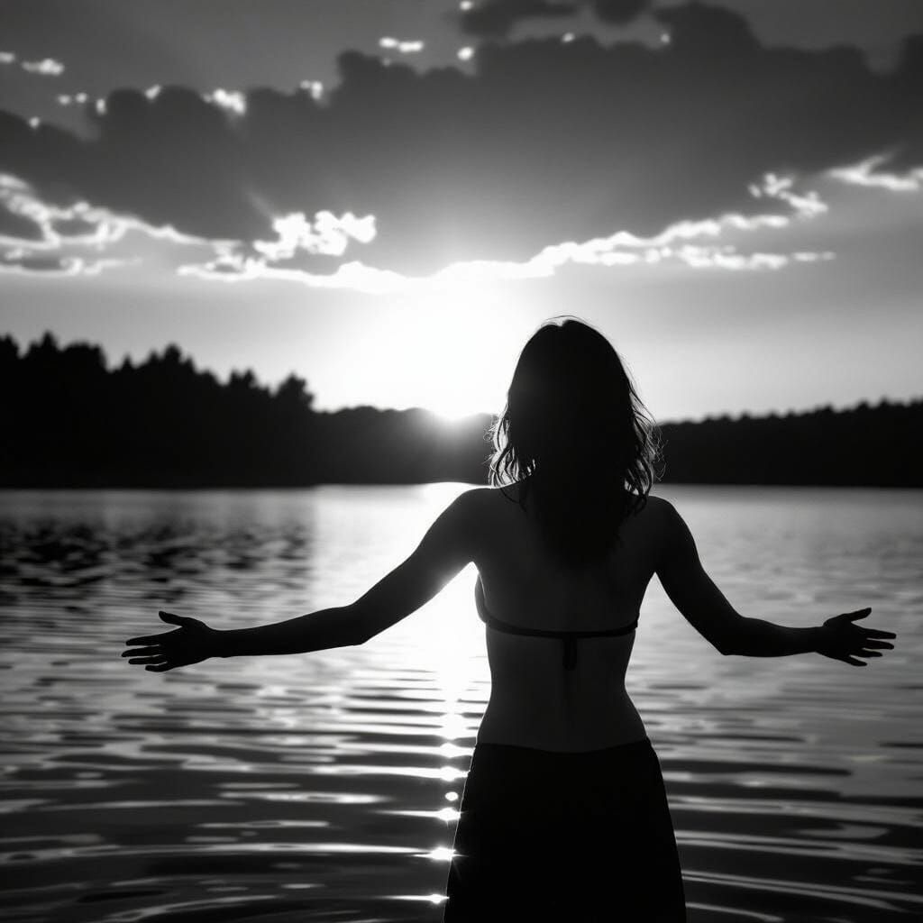Woman Offers Herself to Setting Sun in Film Noir Style