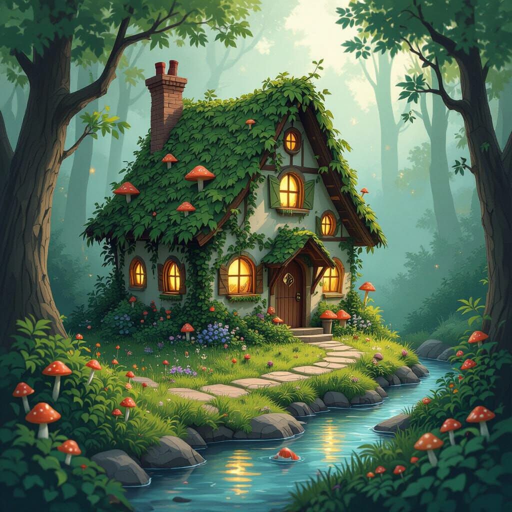 Enchanted Forest Cottage in Ghibli-Inspired Papercraft Style