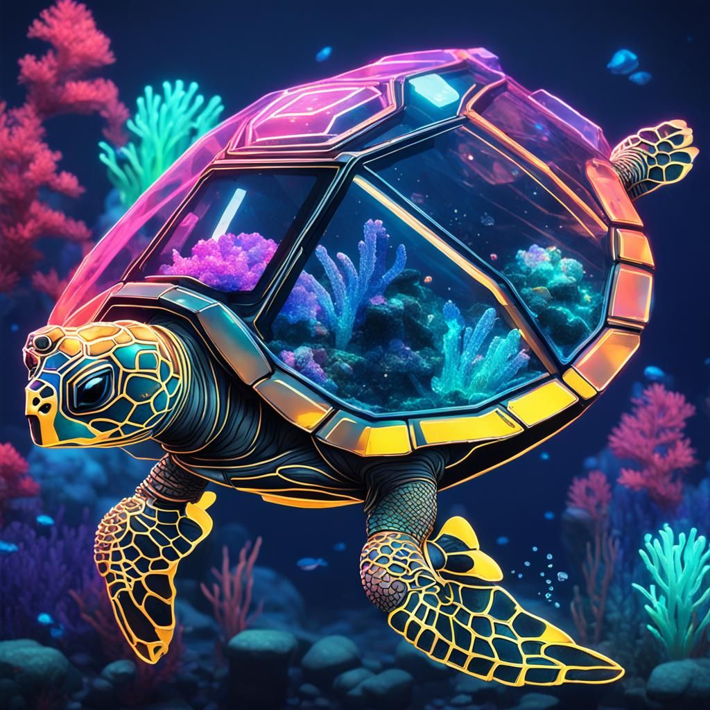 Cyberpunk Crystal Turtle in Aquarium