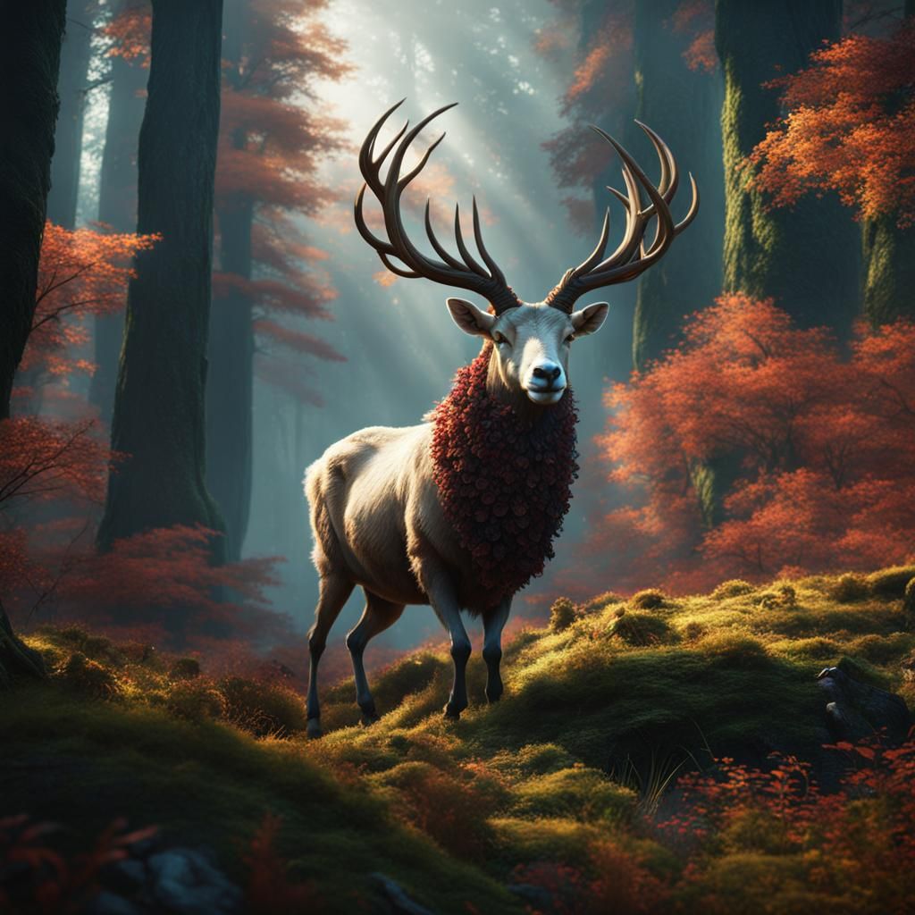 Ram Catches Deer in Detailed Forest Painting