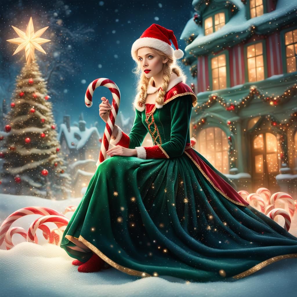 Festive Elf on Candy Cane in Fantasy Art Style