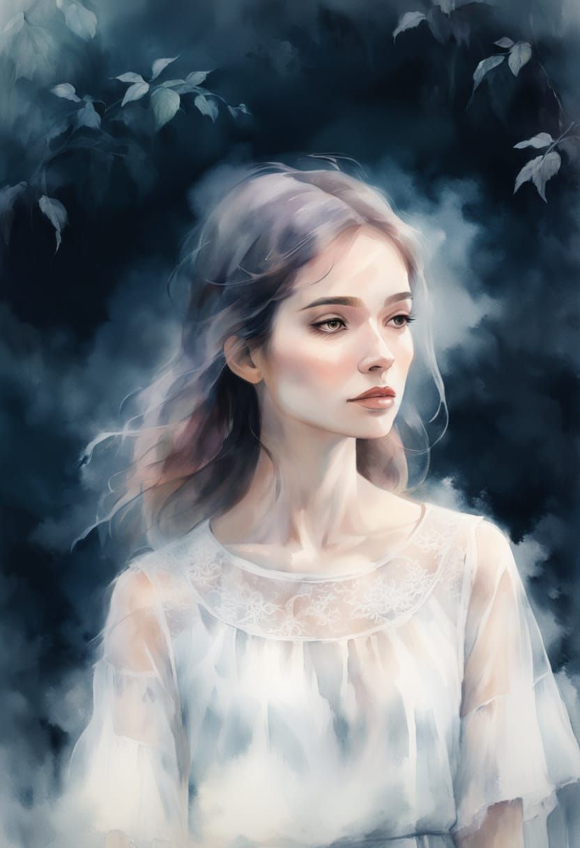 Ethereal Foggy Scene of a Girl in Watercolor