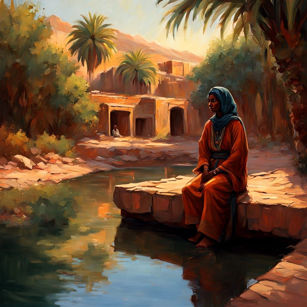 Tuareg Woman Resting at a Lush Oasis in Golden Hour Light