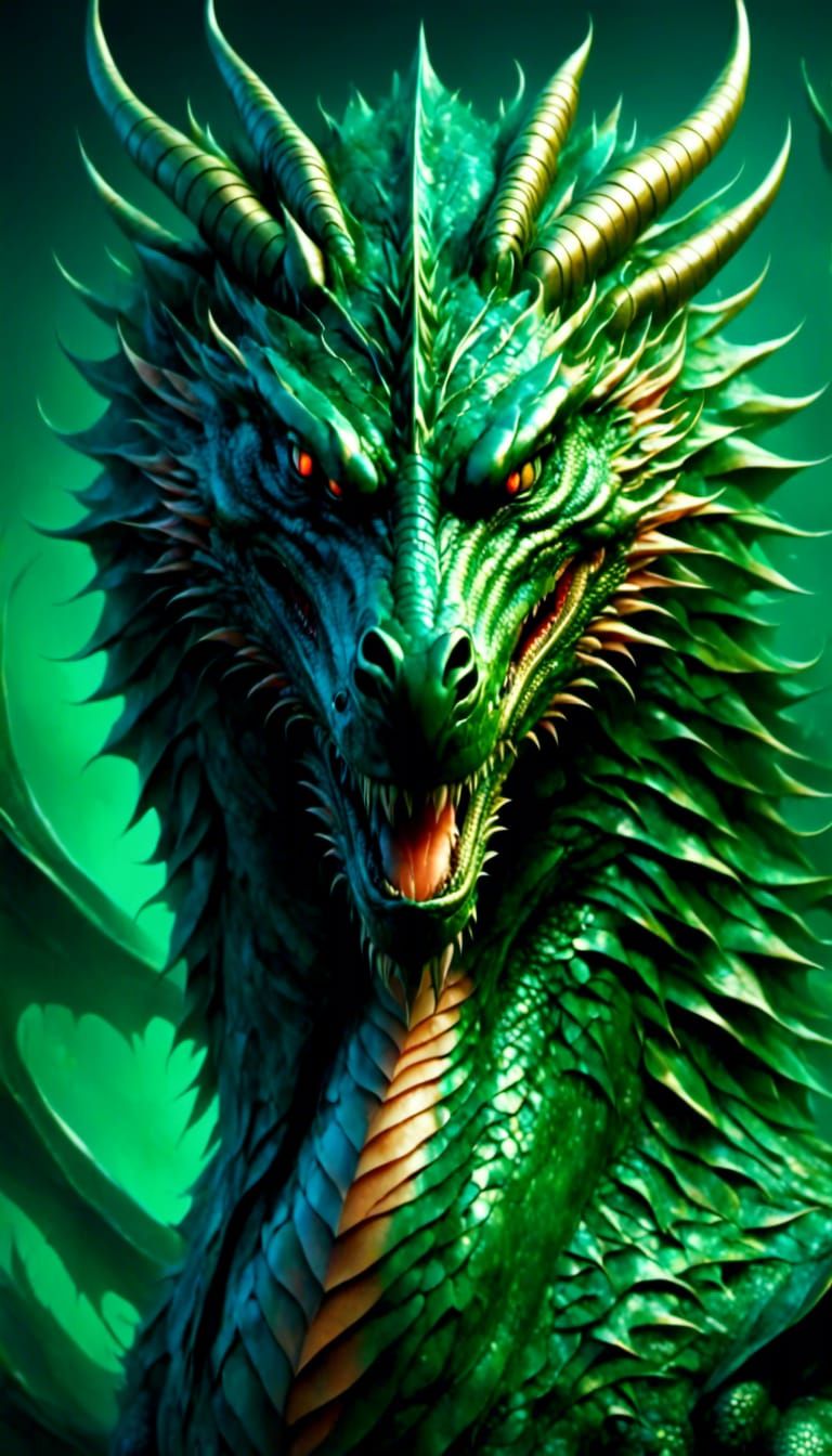 Green and Salmon Dragon Portrait in Oil Painting Style