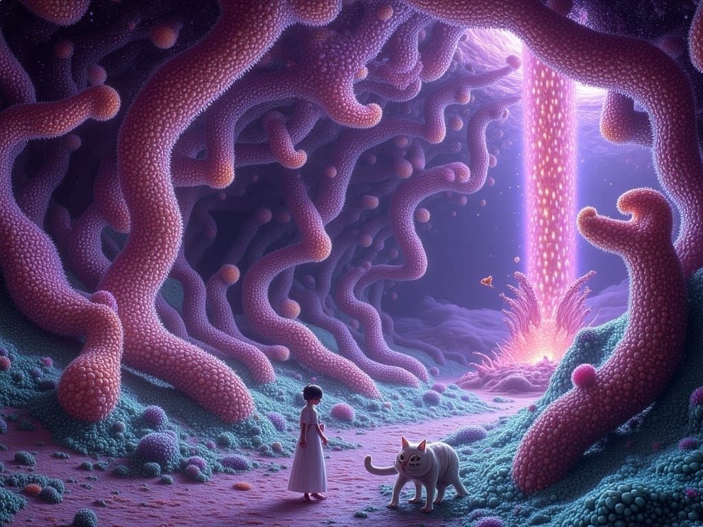 Alien World Unfolds with Shimmering Crystals and Glowing Fel...