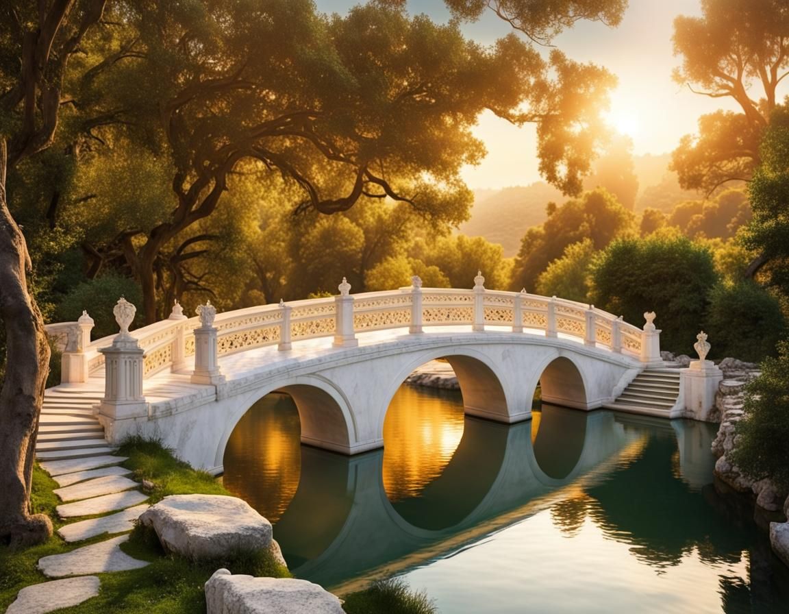 Classical Bridge at Sunset Amidst Ancient Trees