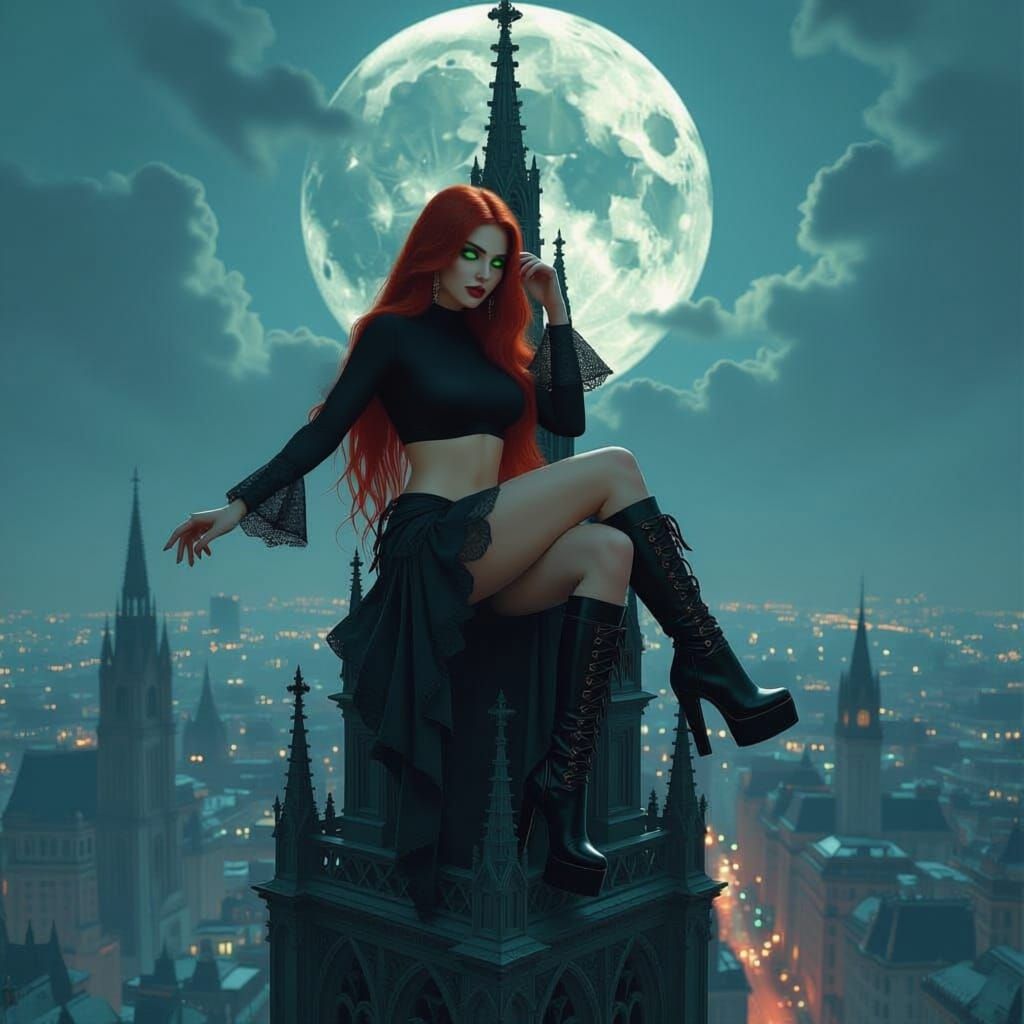 Gothic Woman on Cathedral Spire in Glitch Art Style