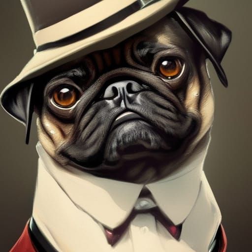 Pug Gentleman Portrait in Tuxedo, Detailed Digital Art