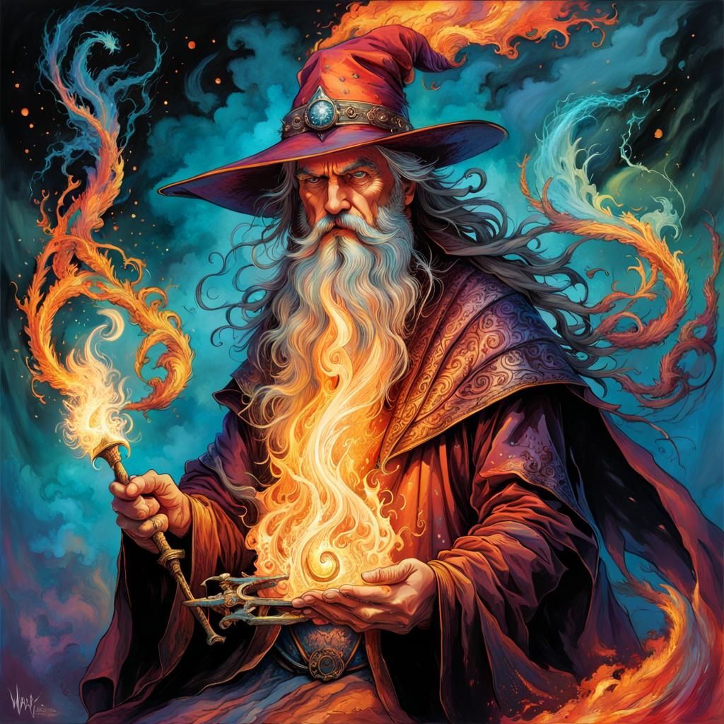 Fiery Wizard Sculpting Magic in Opalescent Firestorm