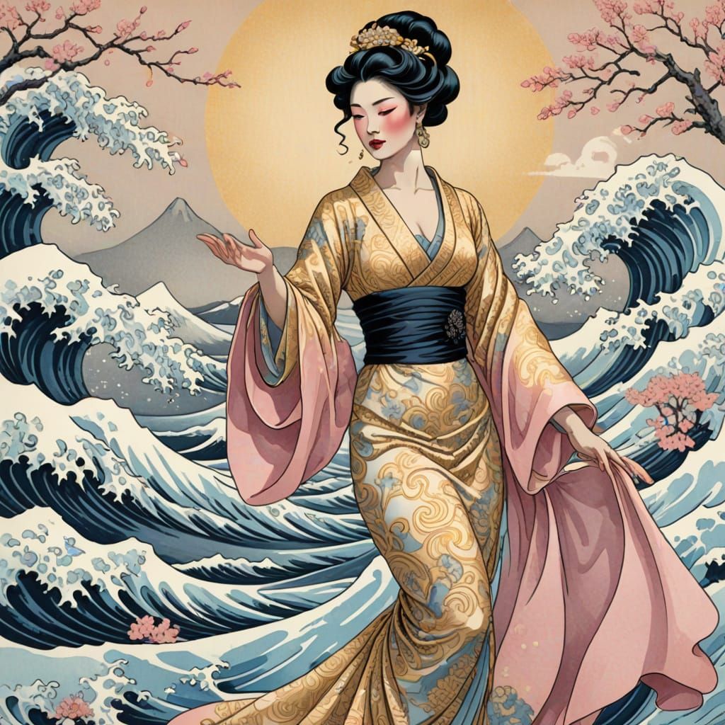 Elegant Opera Singer in Golden Woodblock Art
