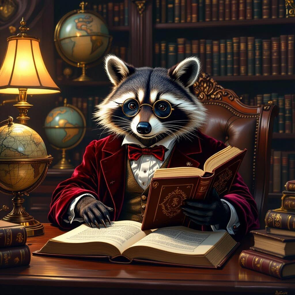 Wise Raccoon Scholar Reading in Opulent Study
