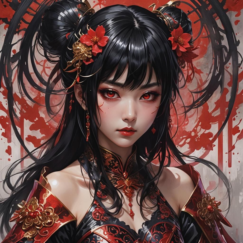 Intense Portrait of Japanese Woman in Cyberpunk Style