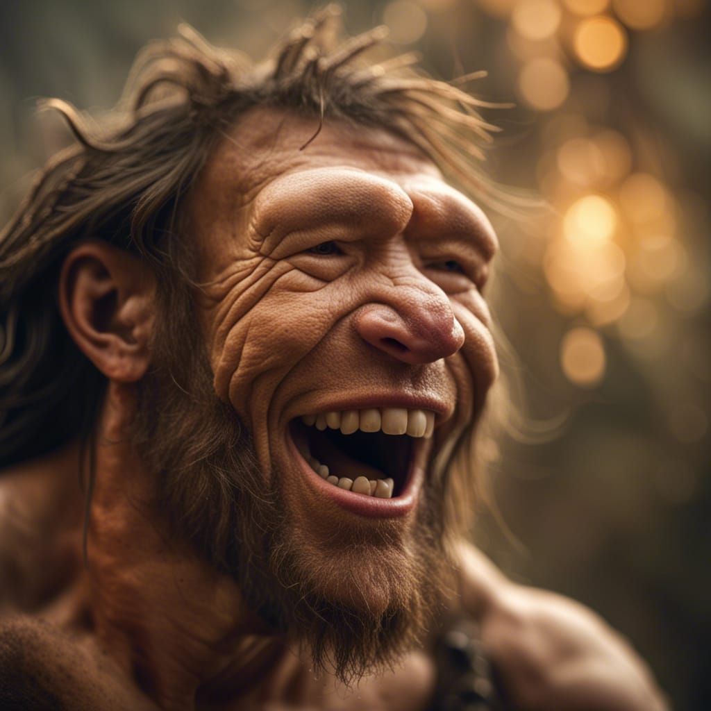 Neanderthaler laughing at a homosapiens prehistoric background Professional photography, bokeh, natural lighting, canon ...