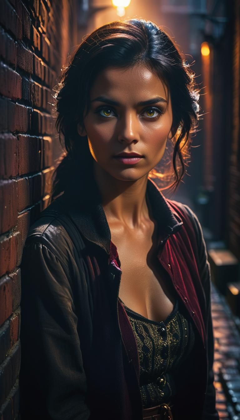 Intense Gaze: Hyperrealistic Portrait in Atmospheric Alleywa...