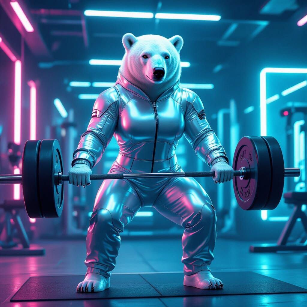 Futuristic Polar Bear Gym Workout in Cyberpunk Style