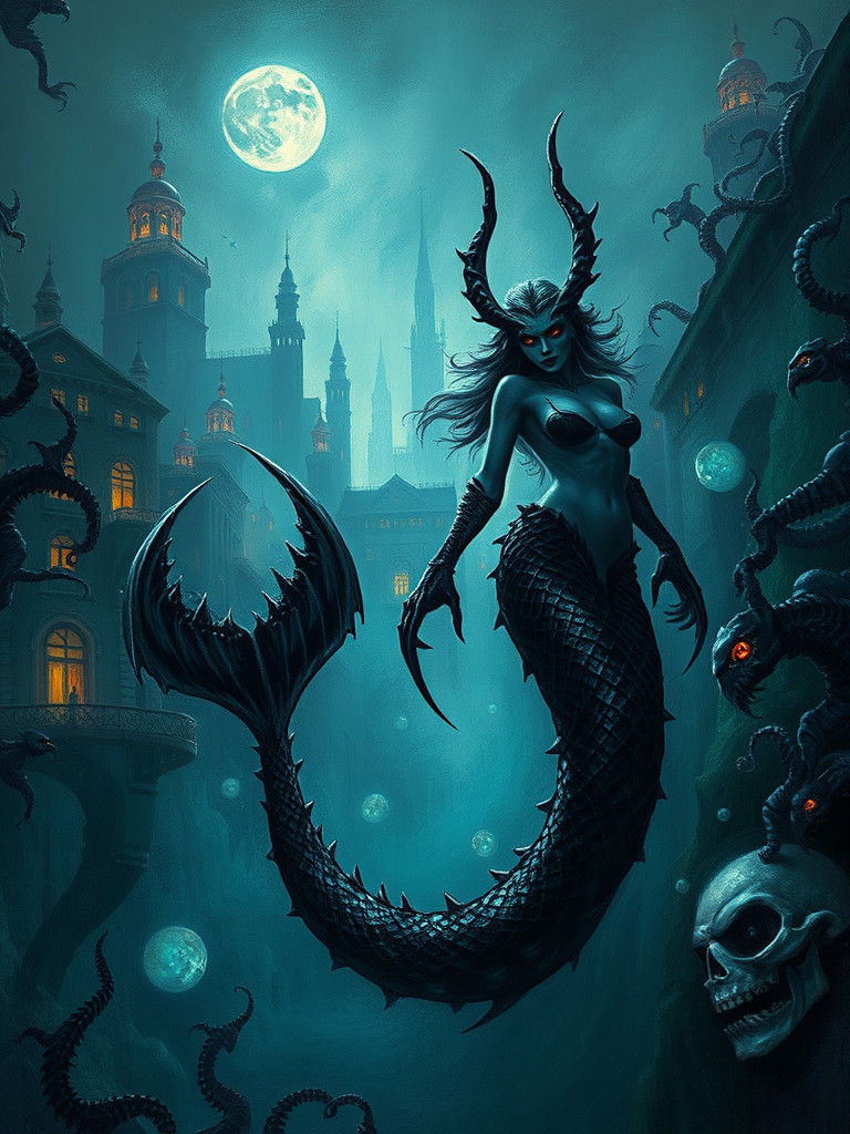 Evil siren with black, spiked mermaid tail